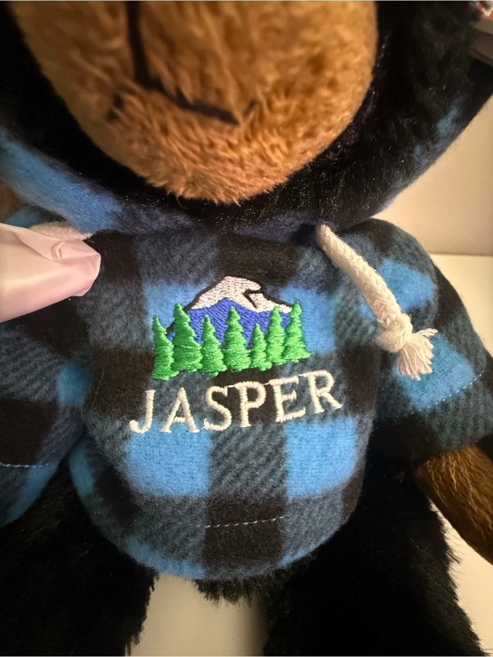 Stuffed Animal House Black Bear Plush Blue Plaid Hoodie Jasper Canada Souvenir